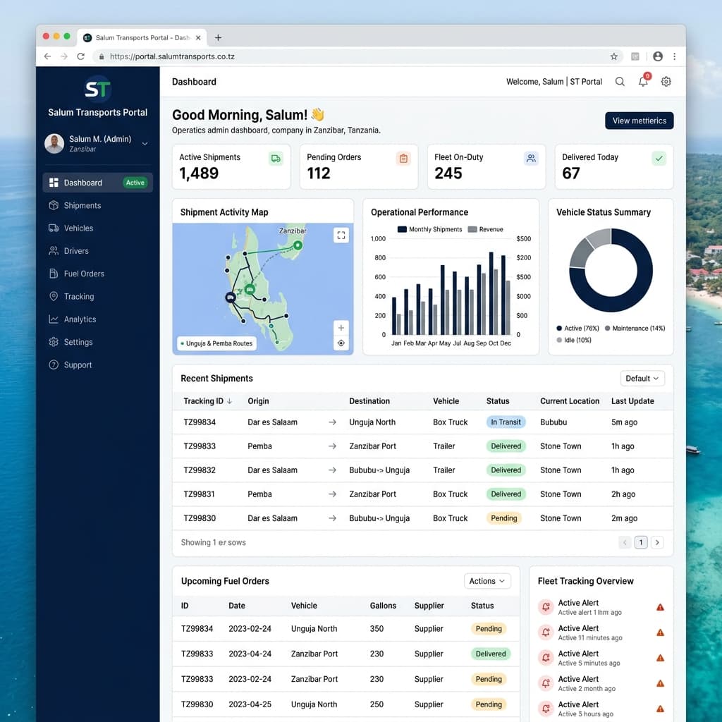 Salum Transports internal operations portal with shipment and fleet dashboards
