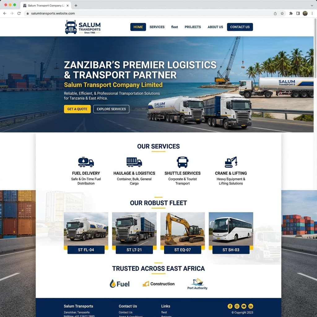 Salum Transports website showing logistics services, fleet, and transport operations