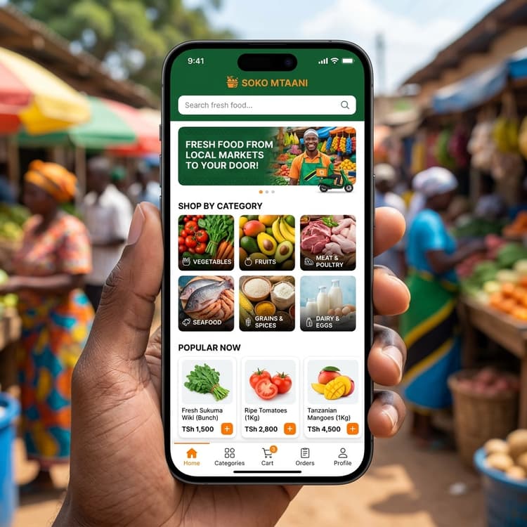 Soko Mtaani mobile shopping app displayed in a local market setting